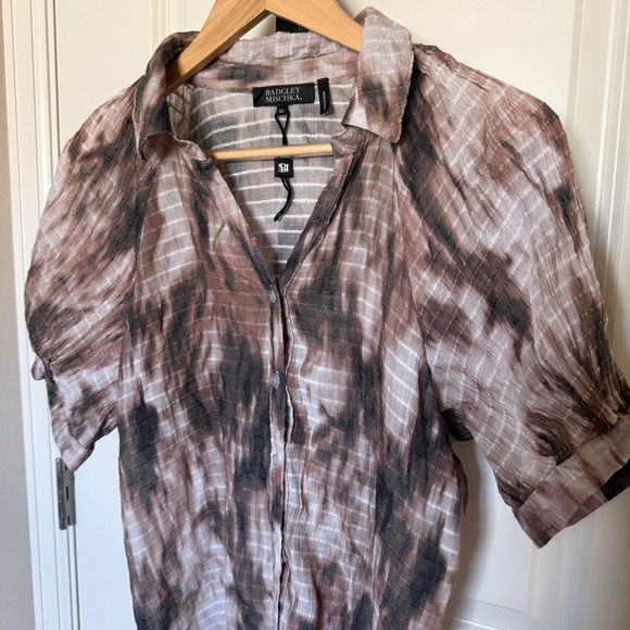 Badgley Mischka Womens Brown Tie Dye Button Down Short Sleeve Blouse Neutral M - Picture 2 of 8